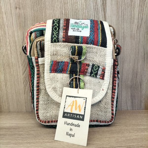 Borsello in Canapa e Cotone con 2 settori con zip e 2 tasche colori Nepal