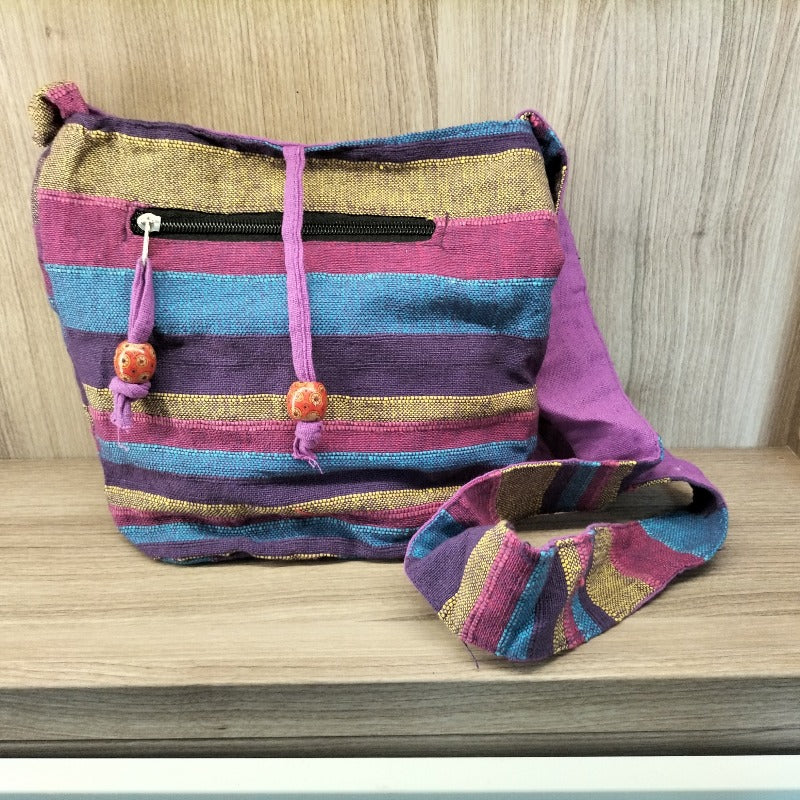 Borsa etnica con tracolla tema colori fiori selvatici fucsia blu viola giallo
