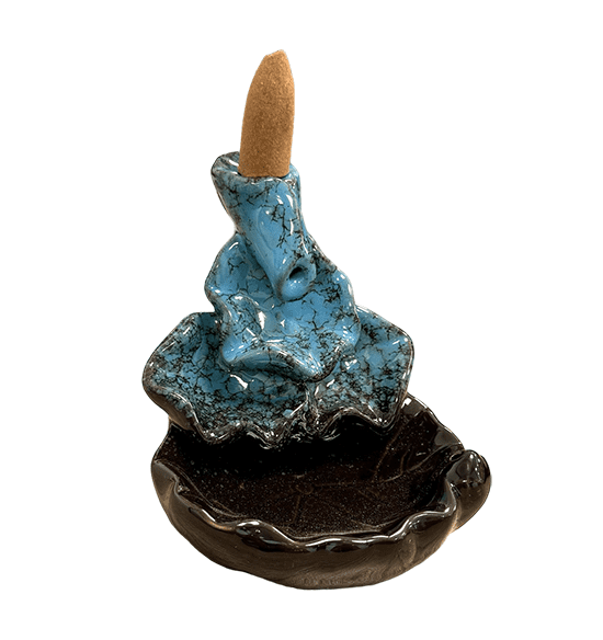 Brucia incenso fontana a riflusso in ceramica cascata foglie di loto blu h.10 cm