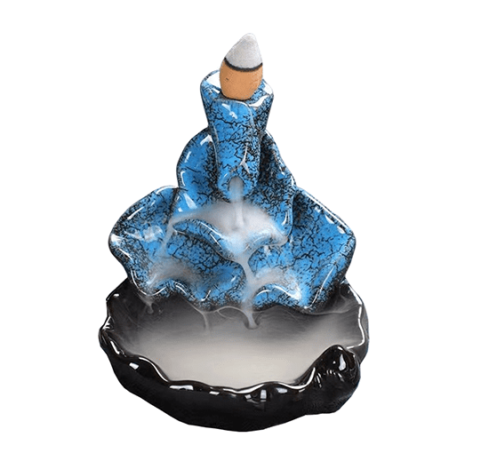 Brucia incenso fontana a riflusso in ceramica cascata foglie di loto blu h.10 cm