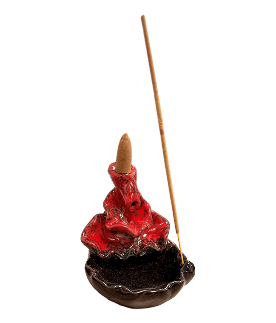 Brucia incenso fontana a riflusso in ceramica cascata foglie di loto rosso h.10 cm