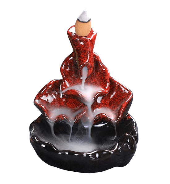 Brucia incenso fontana a riflusso in ceramica cascata foglie di loto rosso h.10 cm
