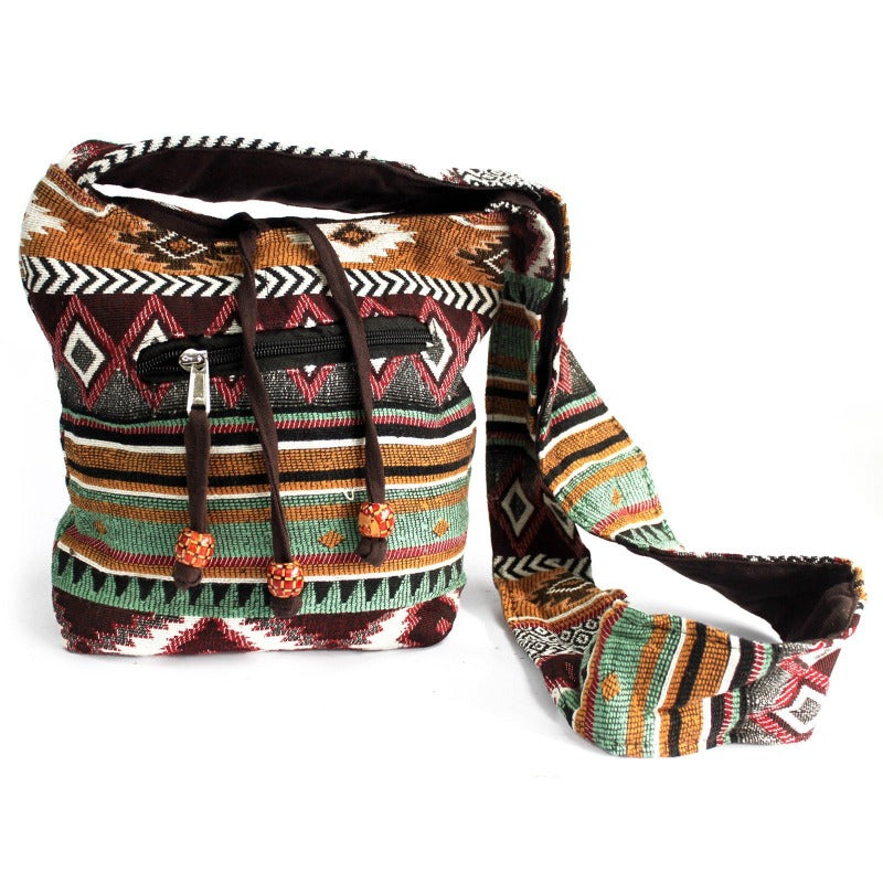 Borsa secchiello a tracolla nepalese in cotone colore cioccolato-rosso