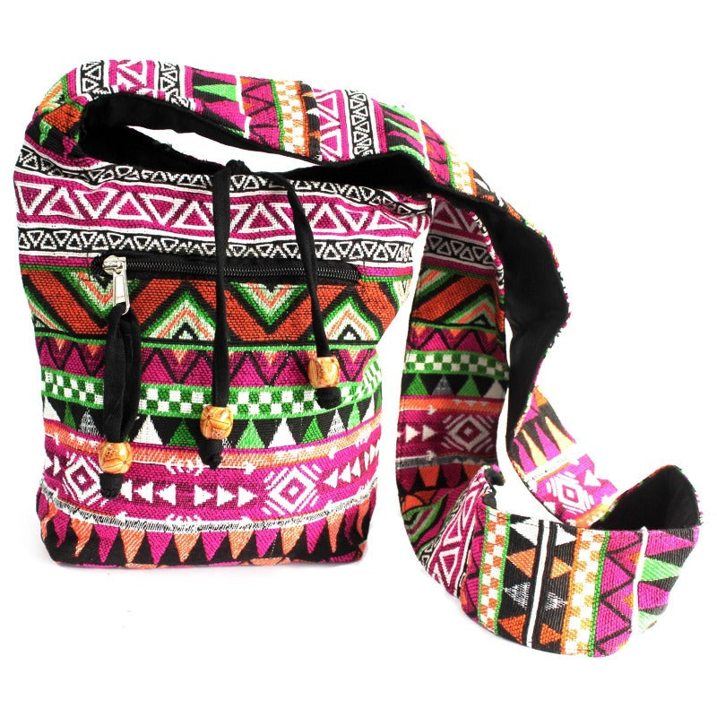 Borsa secchiello a tracolla nepalese in cotone colore rosa fucsia-verde