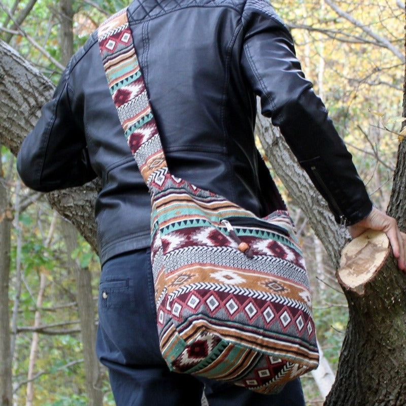Borsa a tracolla nepalese in cotone colore cioccolato-rosso