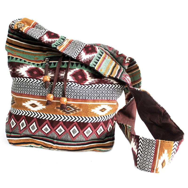 Borsa a tracolla nepalese in cotone colore cioccolato-rosso